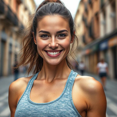Closeup portrait of a beautiful young woman smiling and looking at cameraの素材