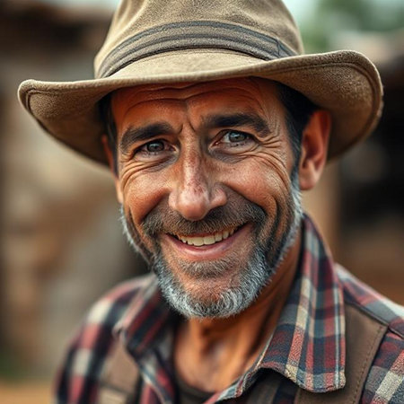 Portrait of a smiling man wearing a cowboy hat in the countrysideの素材