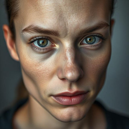 Close-up portrait of a beautiful girl with freckles on her faceの素材