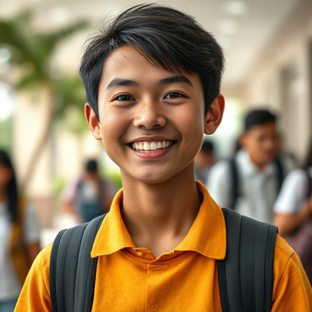 Portrait of a young Asian student smiling at the camera.の素材