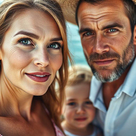 Portrait of happy family on the beach. Close-up.の素材