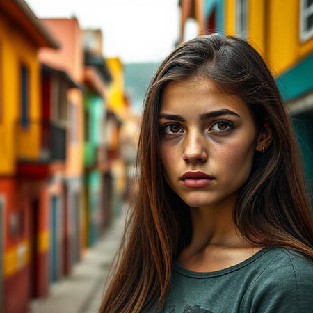Close up portrait of a beautiful young woman with long brown hair, wearing a green T-shirt, looking at the camera, against a background of colorful facades.の素材