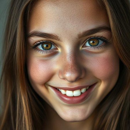Close-up portrait of beautiful young woman with green eyes and smileの素材