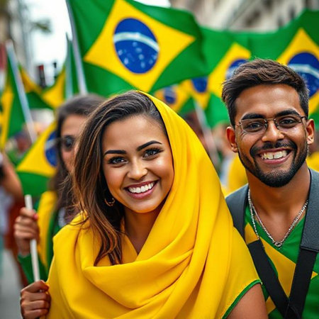 Portrait of a smiling young couple with flags in the street.の素材