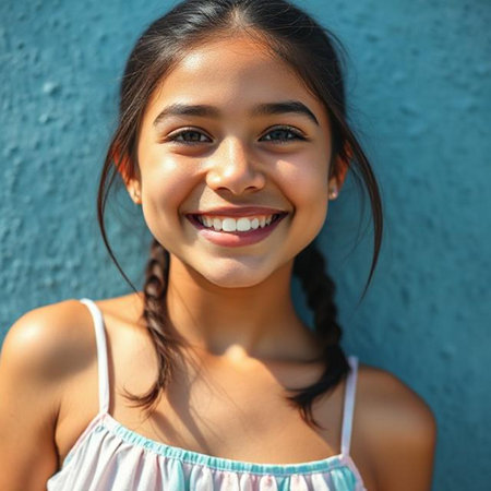Portrait of a beautiful young girl smiling against a blue wall.の素材