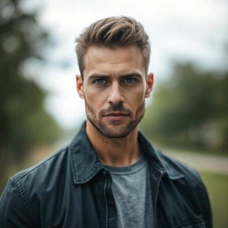 Portrait of a handsome young man outdoors. Men's beauty, fashion.の素材