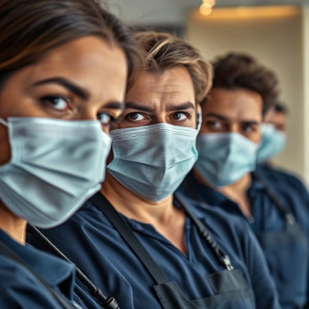 Portrait of a group of doctors in protective masks looking at cameraの素材