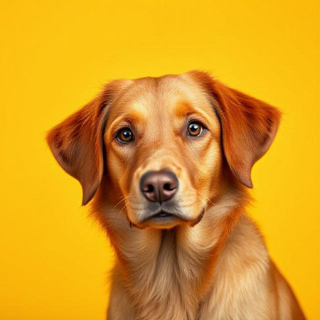 Portrait of a golden retriever dog on a yellow background.の素材