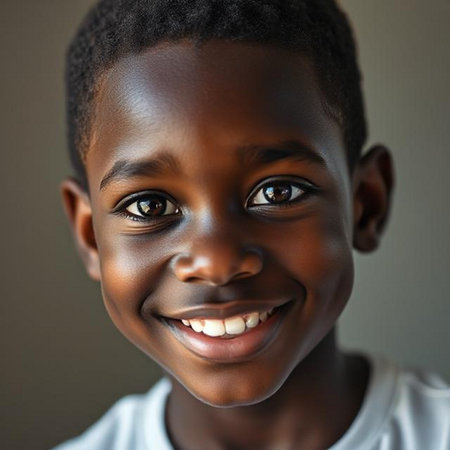 Portrait of a cute African American boy smiling at cameraの素材