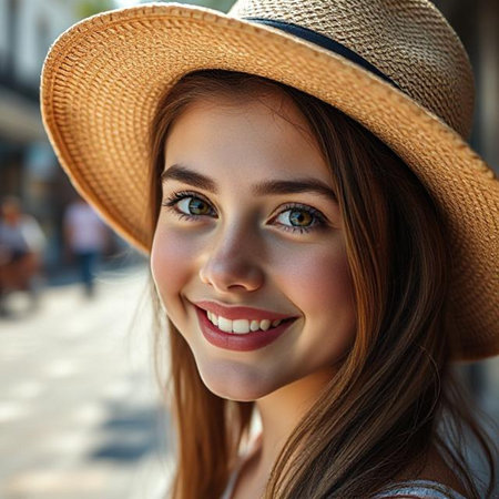 Close up portrait of a beautiful young woman in hat smiling and looking at cameraの素材