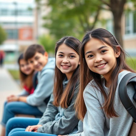 Portrait of smiling Asian schoolgirls sitting on bench in campusの素材