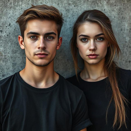 Portrait of a beautiful young couple in black t-shirts.の素材