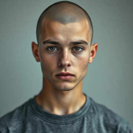 Portrait of a young man with a serious expression on his faceの素材