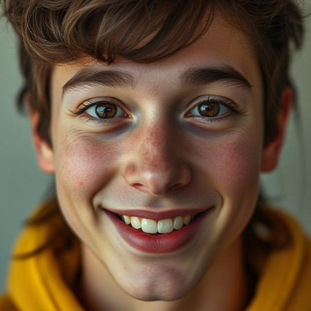 Portrait of a smiling teenage boy with freckles on his faceの素材