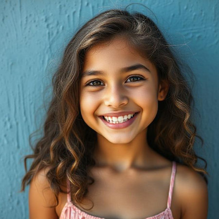 Portrait of a beautiful little girl smiling on a blue wall backgroundの素材