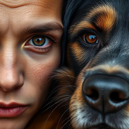 Close-up portrait of a beautiful young woman with her dog.の素材