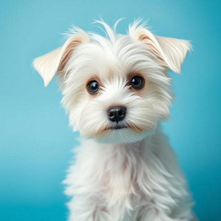 Portrait of a cute Maltese puppy on a blue background.の素材