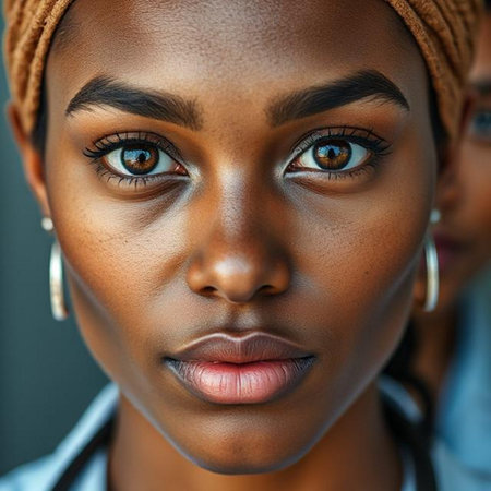 Close up portrait of a beautiful African American woman face.の素材