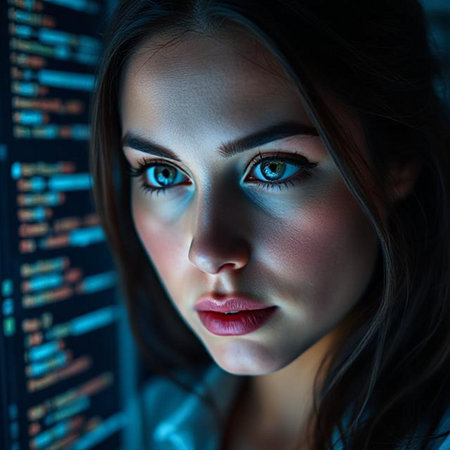 Portrait of a beautiful young woman in front of computer screen.の素材