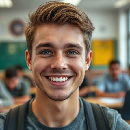 Portrait of a smiling college student standing in college/university classroomの素材