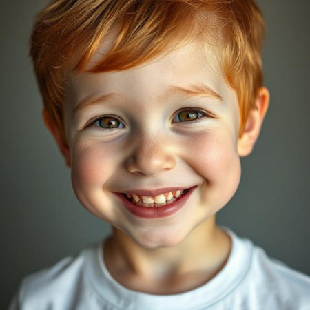 Portrait of a smiling red-haired boy with frecklesの素材