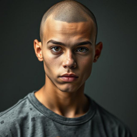 Portrait of a young man looking at the camera on dark backgroundの素材