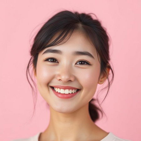 Portrait of a beautiful young Asian woman smiling on pink backgroundの素材