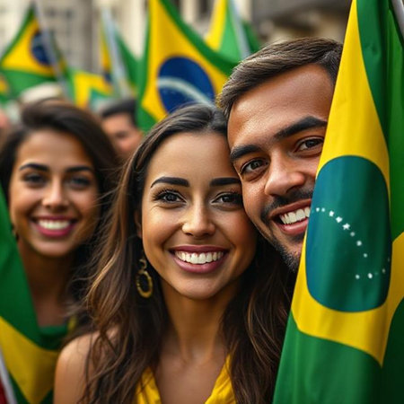Group of happy multiethnic people with brazilian flag in the streetの素材