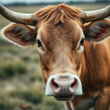 Portrait of a brown cow with big horns on the meadowの素材
