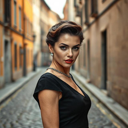 Fashionable brunette woman in black dress posing on street.の素材
