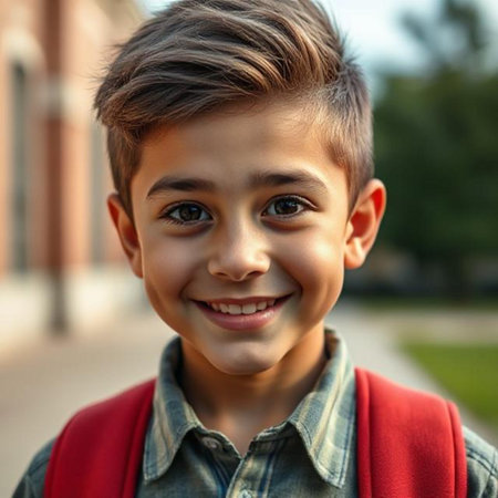 Portrait of a smiling boy in a red jacket on the streetの素材