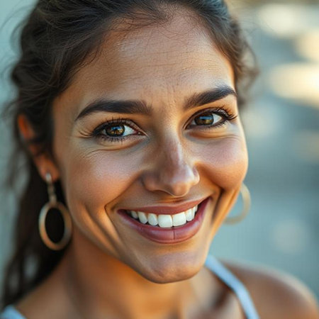 Close up portrait of a beautiful young woman smiling and looking at cameraの素材