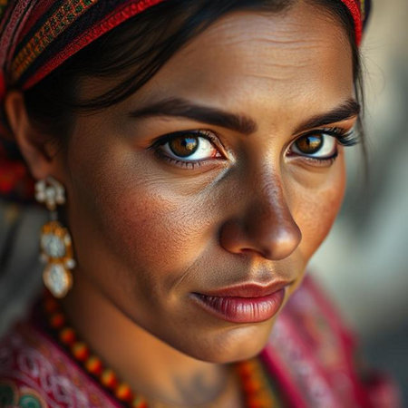 Close-up portrait of a beautiful Indian woman wearing traditional clothes.の素材