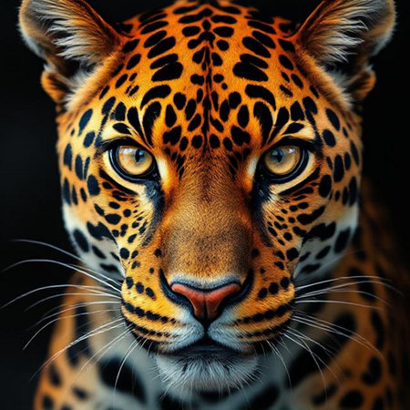 Portrait of a leopard on a black background. Close-up.の素材