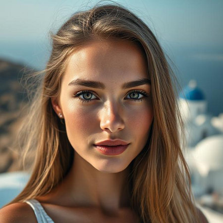 Closeup portrait of a beautiful young woman with blue eyes on the background of the seaの素材