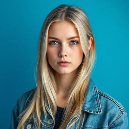 Portrait of a beautiful blonde girl with blue eyes on a blue backgroundの素材