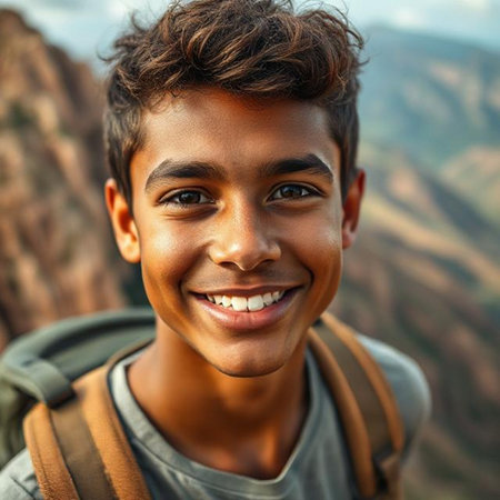 Portrait of a young Indian hiker smiling at the cameraの素材