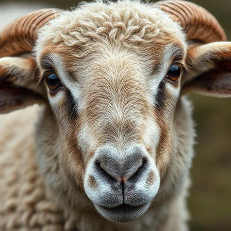 Close up portrait of a sheep on a farm in the Netherlands.の素材