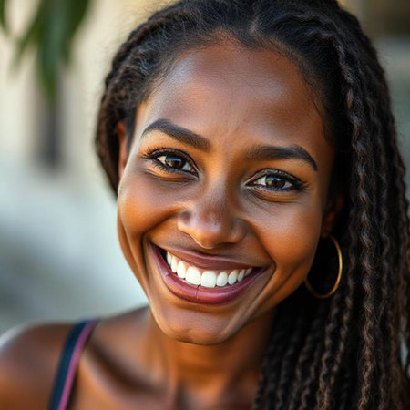 Close up portrait of beautiful young African American woman smiling outdoorsの素材