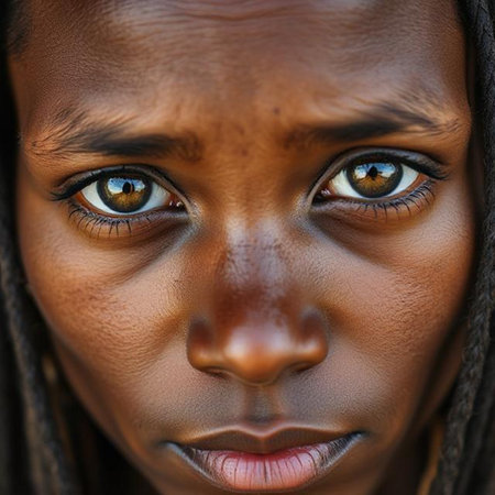 Close-up portrait of a young African woman with blue eyes.の素材