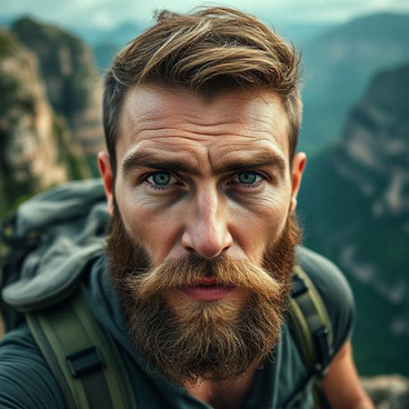 Portrait of a man with a beard on a background of mountainsの素材