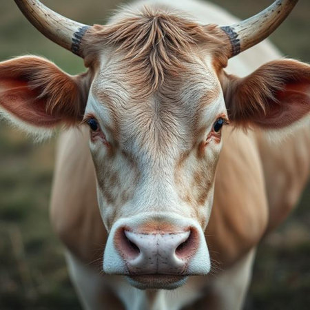 Portrait of a cow with horns in the field. Close-up.の素材