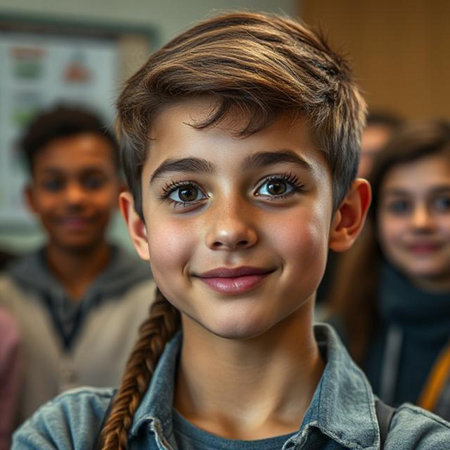 Portrait of smiling schoolboy looking at camera with classmates on backgroundの素材