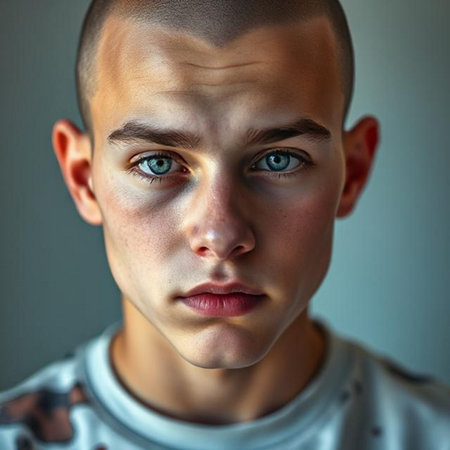 Close-up portrait of a teenager boy with blue eyes looking at cameraの素材