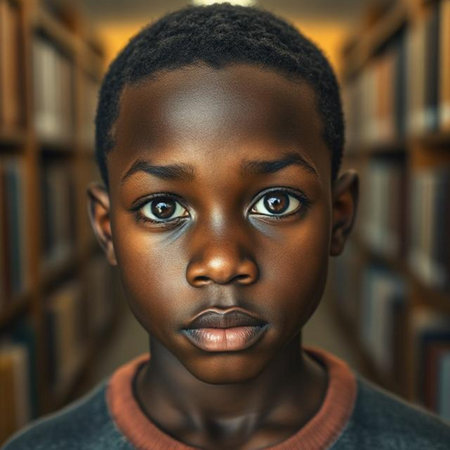 Portrait of a young African-American boy in a library.の素材