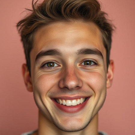 Close up portrait of a happy young man smiling on a pink backgroundの素材
