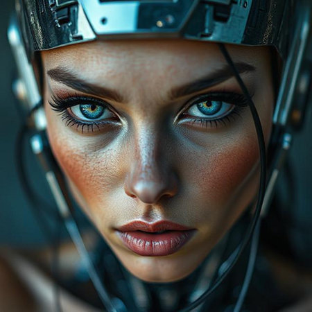 Portrait of a beautiful girl with blue eyes in a helmet.の素材