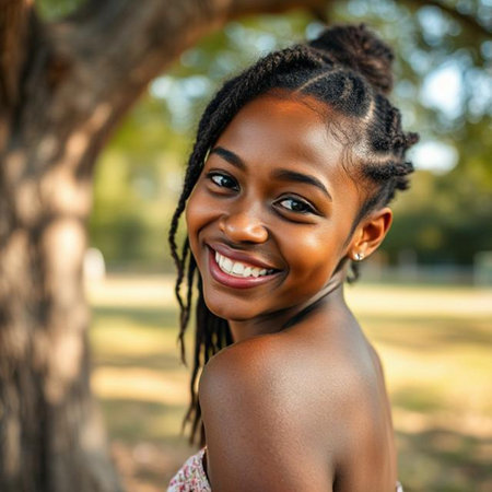 Close up portrait of a beautiful young African American woman smiling in the parkの素材