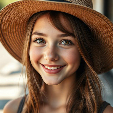 Close up portrait of beautiful smiling young woman in hat looking at cameraの素材