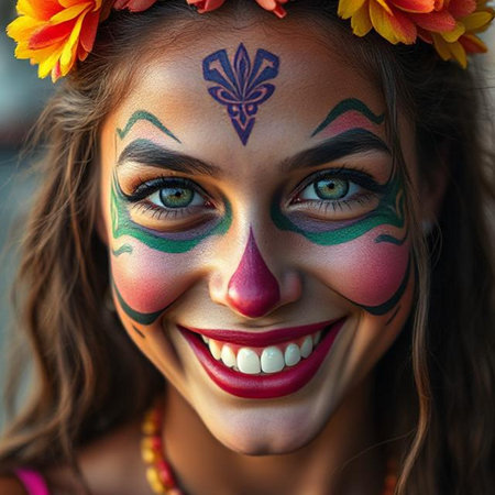 Close-up portrait of a beautiful young woman with sugar skull make-upの素材